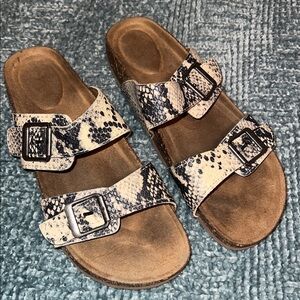 Women's Snake-Print Double Buckle Slide Sandals - Black & Cream